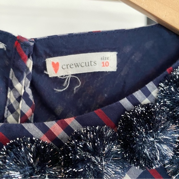 Crewcuts Navy Blue Red White Tartan Plaid Sparkly Pom Pom Top Blouse - Picture 9 of 11